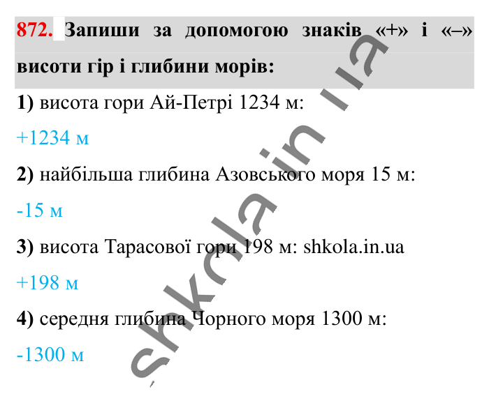 Відповідь до завдання 872 (с. 7) з математики для 6 класу (Істер, 2023), частина 2: § 26. Додатні та від’ємні числа. Число 0