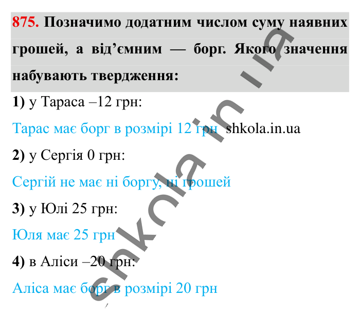 Відповідь до завдання 875 (с. 8) з математики для 6 класу (Істер, 2023), частина 2: § 26. Додатні та від’ємні числа. Число 0