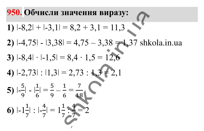 Відповідь до завдання 950 (с. 21) з математики для 6 класу (Істер, 2023), частина 2: § 29. Модуль числа