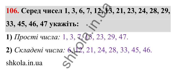 Відповідь до завдання 106 (с. 31) з математики для 6 класу (Мерзляк, 2023), частина 1: § 1. Подільність натуральних чисел. 4. Прості та складені числа