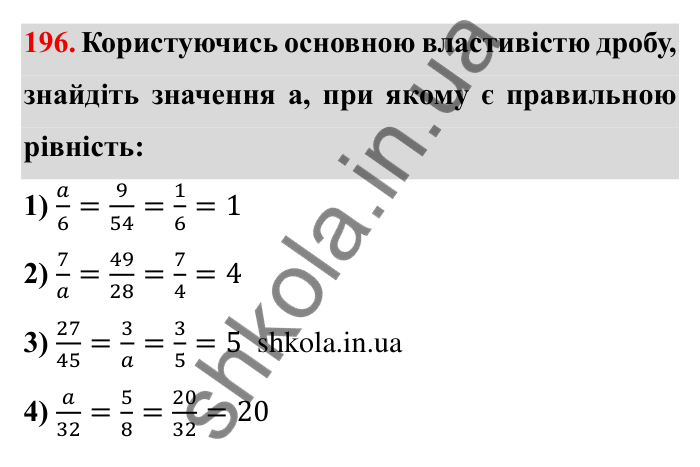 Відповідь до завдання 196 (с. 60) з математики для 6 класу (Мерзляк, 2023), частина 1: § 2. Звичайні дроби. 7. Основна властивість дробу