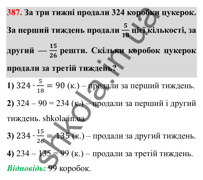Відповідь до завдання 387 (с. 105) з математики для 6 класу (Мерзляк, 2023), частина 1: § 2. Звичайні дроби. 12. Знаходження дробу від числа