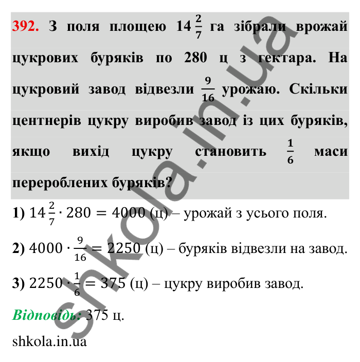 Відповідь до завдання 392 (с. 106) з математики для 6 класу (Мерзляк, 2023), частина 1: § 2. Звичайні дроби. 12. Знаходження дробу від числа