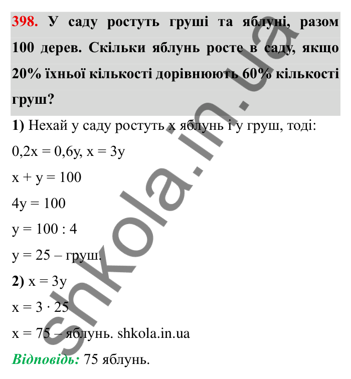 Відповідь до завдання 398 (с. 107) з математики для 6 класу (Мерзляк, 2023), частина 1: § 2. Звичайні дроби. 12. Знаходження дробу від числа