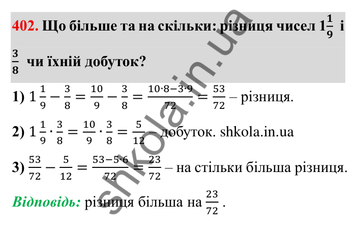 Відповідь до завдання 402 (с. 108) з математики для 6 класу (Мерзляк, 2023), частина 1: § 2. Звичайні дроби. 12. Знаходження дробу від числа