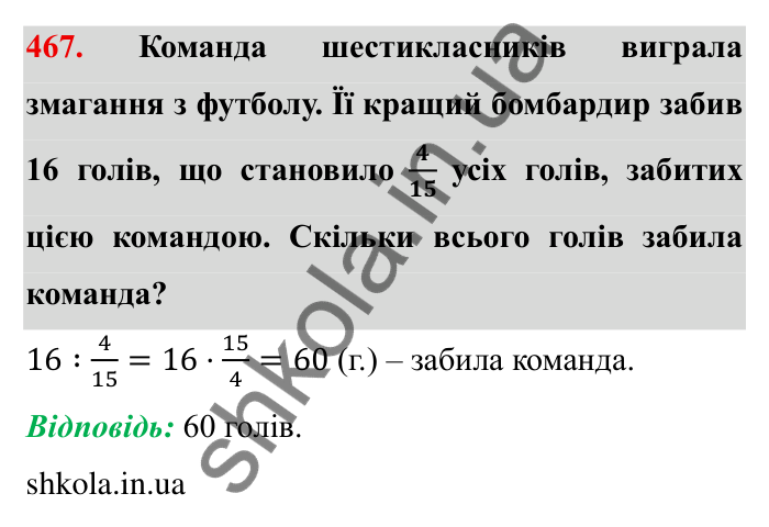 Відповідь до завдання 467 (с. 124) з математики для 6 класу (Мерзляк, 2023), частина 1: § 2. Звичайні дроби. 14. Знаходження числа за заданим значенням його дробу