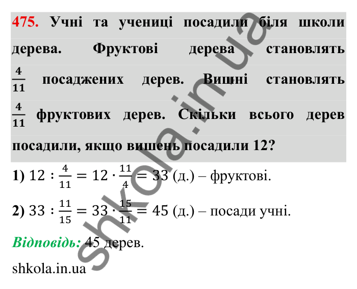 Відповідь до завдання 475 (с. 125) з математики для 6 класу (Мерзляк, 2023), частина 1: § 2. Звичайні дроби. 14. Знаходження числа за заданим значенням його дробу