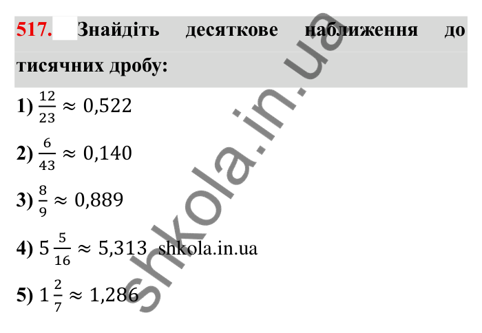 Відповідь до завдання 517 (с. 139) з математики для 6 класу (Мерзляк, 2023), частина 1: § 2. Звичайні дроби. 17. Десяткове наближення звичайного дробу