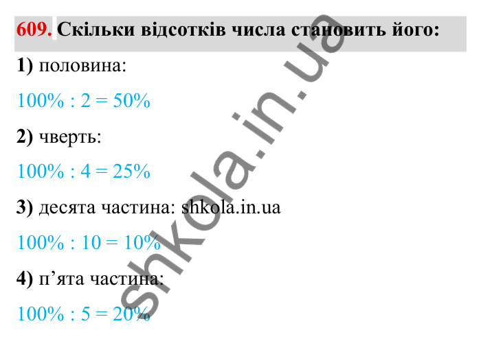 Відповідь до завдання 609 (с. 170) з математики для 6 класу (Мерзляк, 2023), частина 1: § 3. Відношення і пропорції. 20. Відсоткове відношення двох чисел