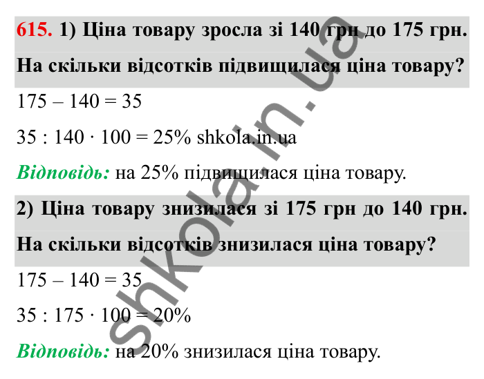 Відповідь до завдання 615 (с. 171) з математики для 6 класу (Мерзляк, 2023), частина 1: § 3. Відношення і пропорції. 20. Відсоткове відношення двох чисел