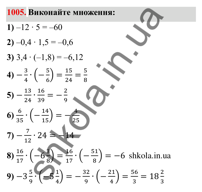 Завдання № 1005 Відповідь до завдання 1005 (с. 100) з математики для 6 класу (Мерзляк, 2023), частина 2: § 4. Раціональні числа і дії з ними. 35. Множення раціональних чисел