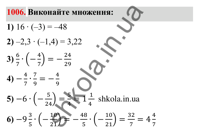 Завдання № 1006 Відповідь до завдання 1006 (с. 100) з математики для 6 класу (Мерзляк, 2023), частина 2: § 4. Раціональні числа і дії з ними. 35. Множення раціональних чисел