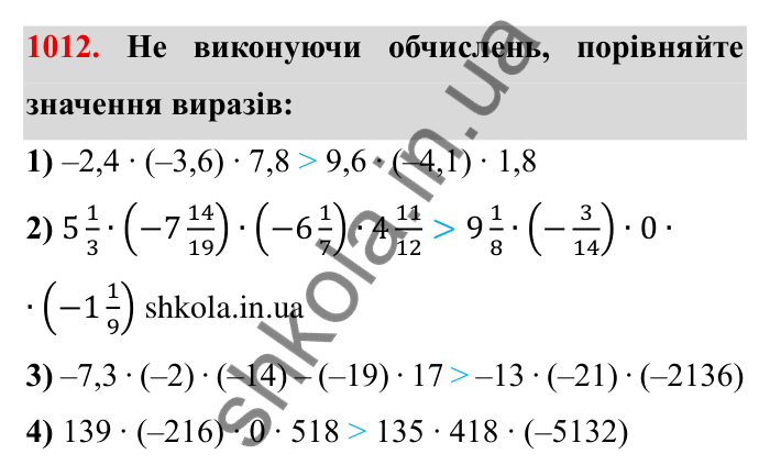 Завдання № 1012 Відповідь до завдання 1012 (с. 101) з математики для 6 класу (Мерзляк, 2023), частина 2: § 4. Раціональні числа і дії з ними. 35. Множення раціональних чисел