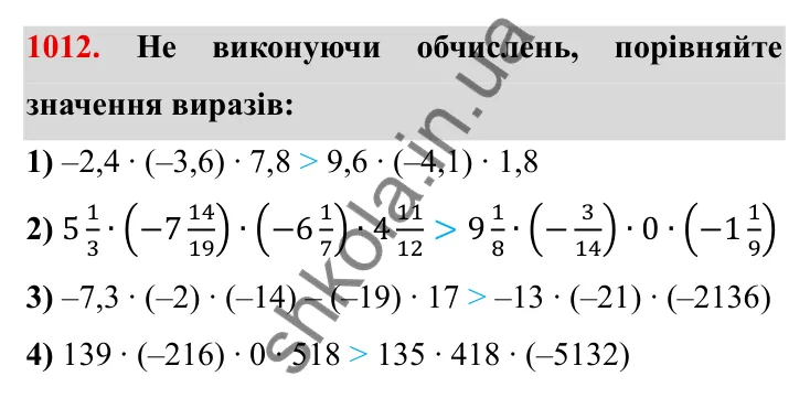 Завдання № 1012 Відповідь до завдання 1012 (с. 101) з математики для 6 класу (Мерзляк, 2023), частина 2: § 4. Раціональні числа і дії з ними. 35. Множення раціональних чисел