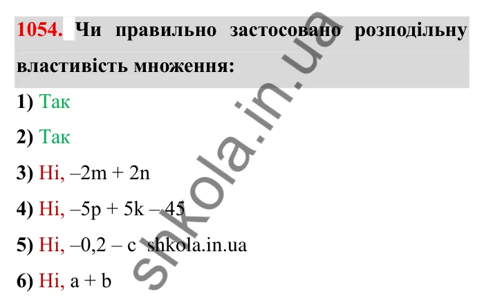 Завдання № 1054 Відповідь до завдання 1054 (с. 114) з математики для 6 класу (Мерзляк, 2023), частина 2: § 4. Раціональні числа і дії з ними. 37. Розподільна властивість множення