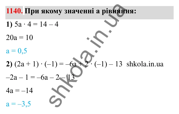 Завдання № 1140 Відповідь до завдання 1140 (с. 131) з математики для 6 класу (Мерзляк, 2023), частина 2: § 4. Раціональні числа і дії з ними. 39. Розв’язування рівнянь
