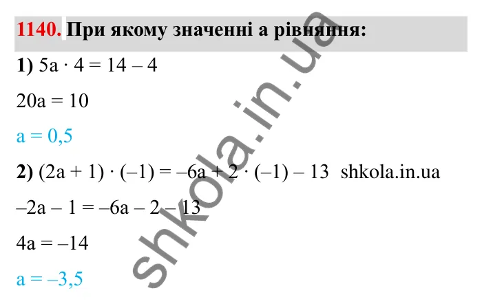 Завдання № 1140 Відповідь до завдання 1140 (с. 131) з математики для 6 класу (Мерзляк, 2023), частина 2: § 4. Раціональні числа і дії з ними. 39. Розв’язування рівнянь