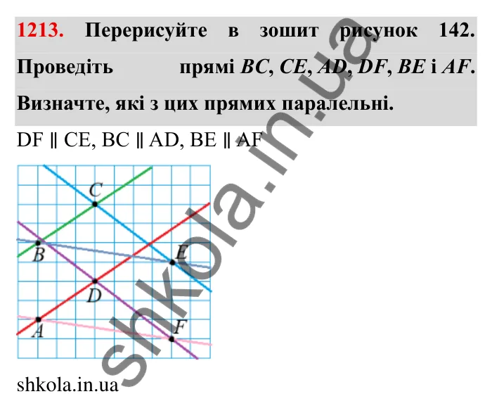 Завдання № 1213 Відповідь до завдання 1213 (с. 150) з математики для 6 класу (Мерзляк, 2023), частина 2: § 4. Раціональні числа і дії з ними. 42. Паралельні прямі