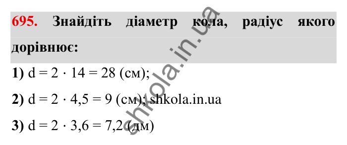 Завдання № 695 Відповідь до завдання 695 (с. 9) з математики для 6 класу (Мерзляк, 2023), частина 2: § 3. Відношення і пропорції (продовження). 23. Коло і круг