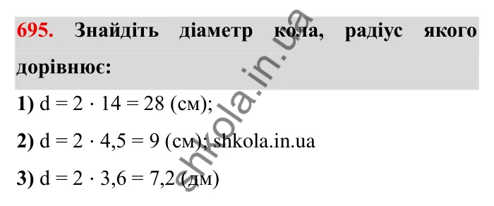 Завдання № 695 Відповідь до завдання 695 (с. 9) з математики для 6 класу (Мерзляк, 2023), частина 2: § 3. Відношення і пропорції (продовження). 23. Коло і круг