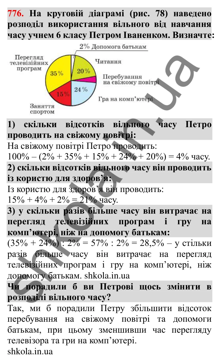 Завдання № 776 Відповідь до завдання 776 (с. 32) з математики для 6 класу (Мерзляк, 2023), частина 2: § 3. Відношення і пропорції (продовження). 26. Діаграми