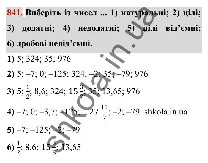 Завдання № 841 Відповідь до завдання 841 (с. 59) з математики для 6 класу (Мерзляк, 2023), частина 2: § 4. Раціональні числа і дії з ними. 29. Цілі числа. Раціональні числа