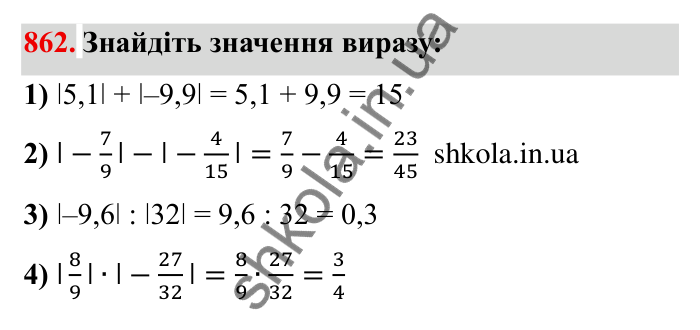 Завдання № 862 Відповідь до завдання 862 (с. 66) з математики для 6 класу (Мерзляк, 2023), частина 2: § 4. Раціональні числа і дії з ними. 30. Модуль числа