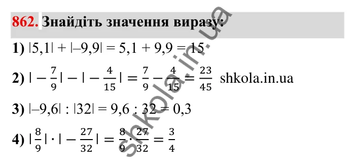 Завдання № 862 Відповідь до завдання 862 (с. 66) з математики для 6 класу (Мерзляк, 2023), частина 2: § 4. Раціональні числа і дії з ними. 30. Модуль числа