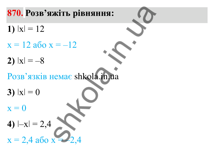 Завдання № 870 Відповідь до завдання 870 (с. 67) з математики для 6 класу (Мерзляк, 2023), частина 2: § 4. Раціональні числа і дії з ними. 30. Модуль числа