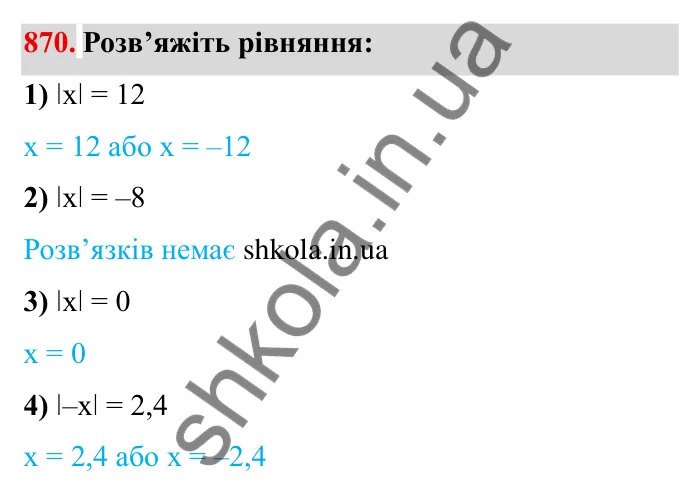 Завдання № 870 Відповідь до завдання 870 (с. 67) з математики для 6 класу (Мерзляк, 2023), частина 2: § 4. Раціональні числа і дії з ними. 30. Модуль числа