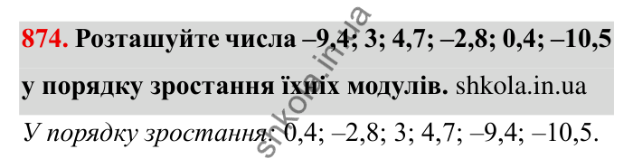 Завдання № 874 Відповідь до завдання 874 (с. 68) з математики для 6 класу (Мерзляк, 2023), частина 2: § 4. Раціональні числа і дії з ними. 30. Модуль числа