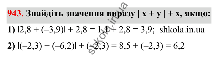 Завдання № 943 Відповідь до завдання 943 (с. 83) з математики для 6 класу (Мерзляк, 2023), частина 2: § 4. Раціональні числа і дії з ними. 32. Додавання раціональних чисел