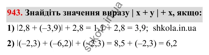 Завдання № 943 Відповідь до завдання 943 (с. 83) з математики для 6 класу (Мерзляк, 2023), частина 2: § 4. Раціональні числа і дії з ними. 32. Додавання раціональних чисел