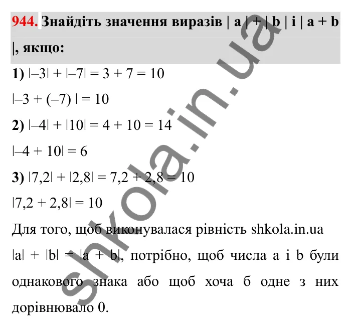 Завдання № 944 Відповідь до завдання 944 (с. 83) з математики для 6 класу (Мерзляк, 2023), частина 2: § 4. Раціональні числа і дії з ними. 32. Додавання раціональних чисел