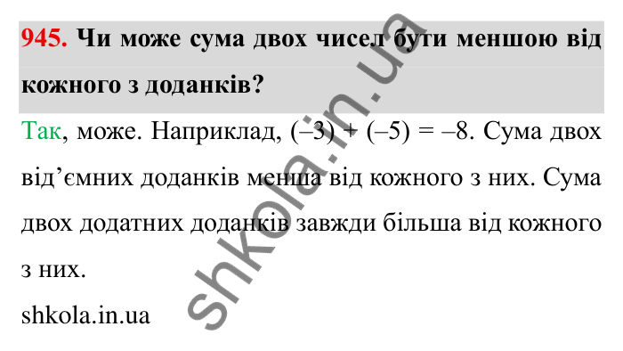 Завдання № 945 Відповідь до завдання 945 (с. 83) з математики для 6 класу (Мерзляк, 2023), частина 2: § 4. Раціональні числа і дії з ними. 32. Додавання раціональних чисел