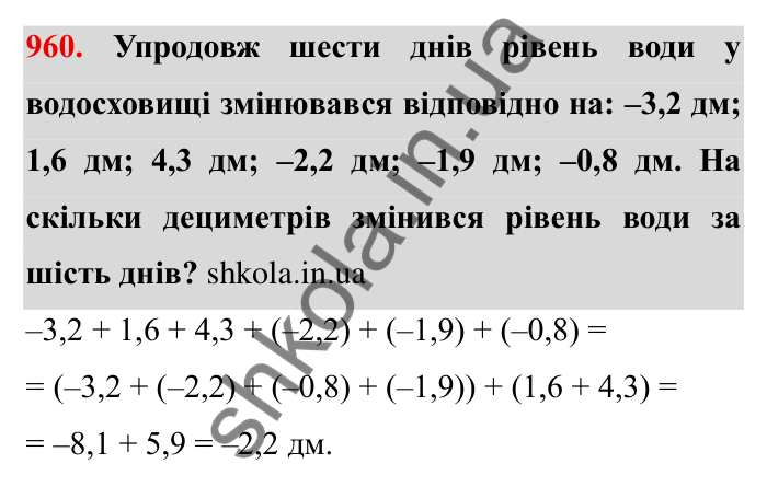 Завдання № 960 Відповідь до завдання 960 (с. 87) з математики для 6 класу (Мерзляк, 2023), частина 2: § 4. Раціональні числа і дії з ними. 33. Властивості додавання раціональних чисел