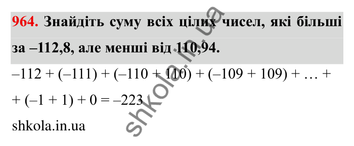 Завдання № 964 Відповідь до завдання 964 (с. 88) з математики для 6 класу (Мерзляк, 2023), частина 2: § 4. Раціональні числа і дії з ними. 33. Властивості додавання раціональних чисел