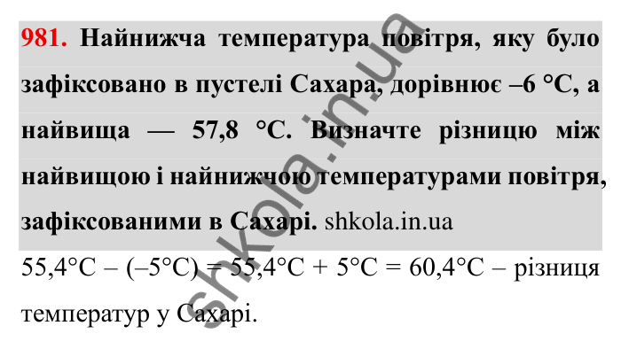 Завдання № 981 Відповідь до завдання 981 (с. 92) з математики для 6 класу (Мерзляк, 2023), частина 2: § 4. Раціональні числа і дії з ними. 34. Віднімання раціональних чисел