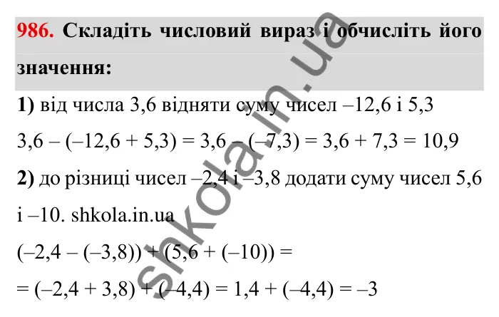 Завдання № 986 Відповідь до завдання 986 (с. 93) з математики для 6 класу (Мерзляк, 2023), частина 2: § 4. Раціональні числа і дії з ними. 34. Віднімання раціональних чисел