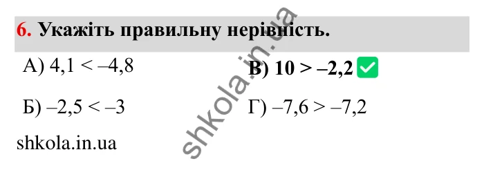 Перевірте себе № 5, завдання 6 Відповідь до завдання 6 тестової роботи «Перевірте себе» № 5 (с. 96) з математики для 6 класу (Мерзляк, 2023), частина 2: § 4. Раціональні числа і дії з ними