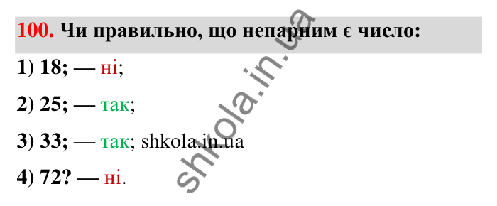Відповідь до завдання 100 (с. 24) з математики для 6 класу (Тарасенкова, 2023), частина 1: 2. Ознаки подільності на 2, 10 і 5