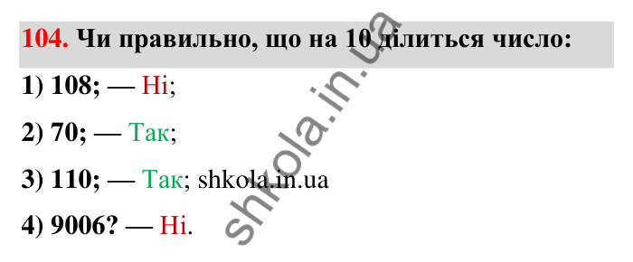 Відповідь до завдання 104 (с. 25) з математики для 6 класу (Тарасенкова, 2023), частина 1: 2. Ознаки подільності на 2, 10 і 5