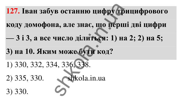 Відповідь до завдання 127 (с. 26) з математики для 6 класу (Тарасенкова, 2023), частина 1: 2. Ознаки подільності на 2, 10 і 5