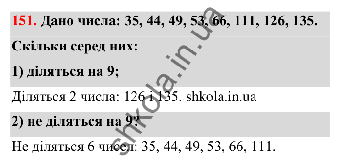 Відповідь до завдання 151 (с. 33) з математики для 6 класу (Тарасенкова, 2023), частина 1: 3. Ознаки подільності на 9 і 3
