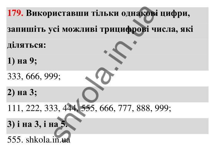 Відповідь до завдання 179 (с. 35) з математики для 6 класу (Тарасенкова, 2023), частина 1: 3. Ознаки подільності на 9 і 3