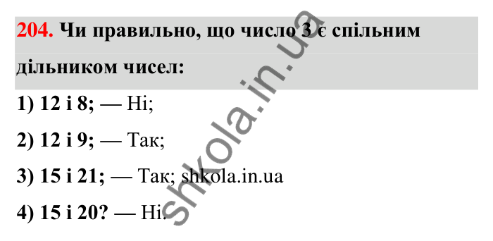 Відповідь до завдання 204 (с. 42) з математики для 6 класу (Тарасенкова, 2023), частина 1: 4. Розкладання чисел на множники. Найбільший спільний дільник