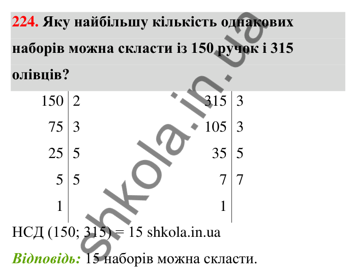 Завдання 224 Відповідь до завдання 224 (с. 44) з математики для 6 класу (Тарасенкова, 2023), частина 1: 4. Розкладання чисел на множники. Найбільший спільний дільник