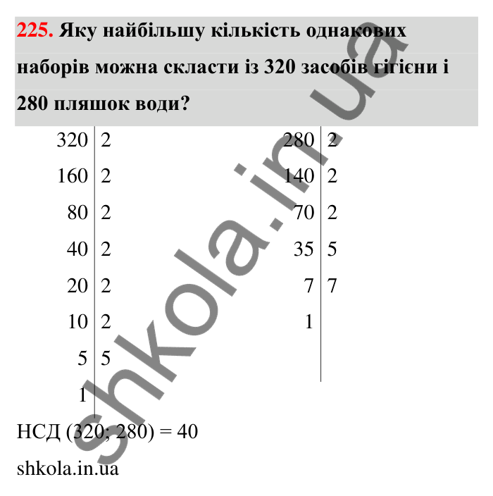 Відповідь до завдання 225 (с. 44) з математики для 6 класу (Тарасенкова, 2023), частина 1: 4. Розкладання чисел на множники. Найбільший спільний дільник