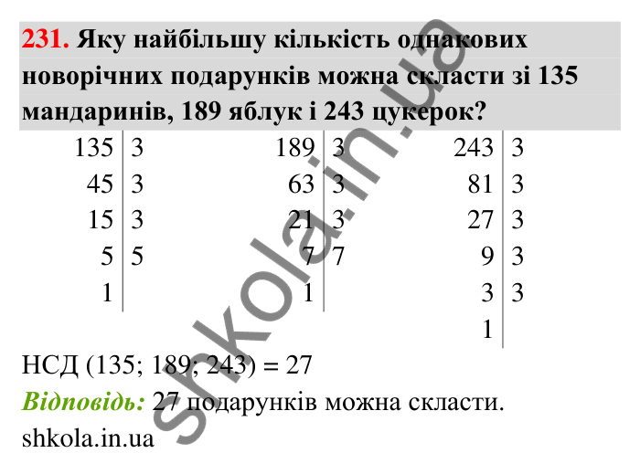 Відповідь до завдання 231 (с. 44) з математики для 6 класу (Тарасенкова, 2023), частина 1: 4. Розкладання чисел на множники. Найбільший спільний дільник