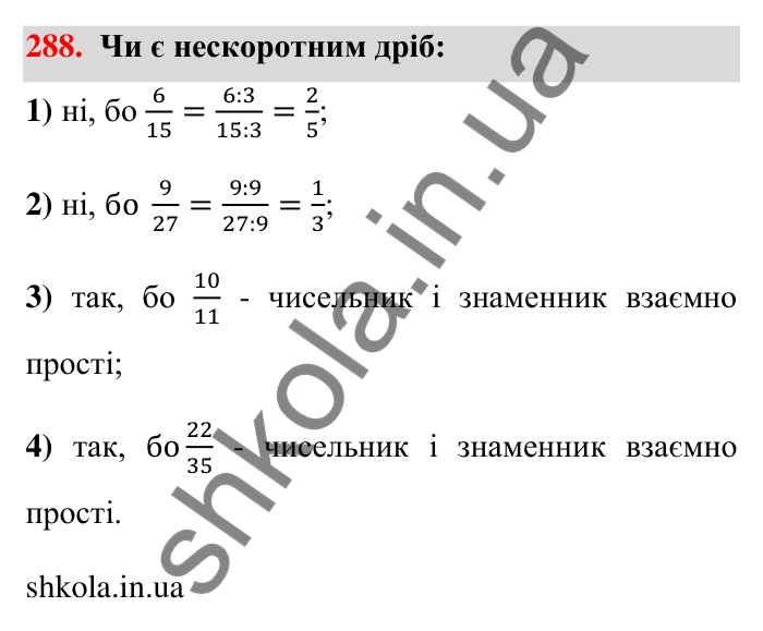 Завдання 288 Відповідь до завдання 288 (с. 60) з математики для 6 класу (Тарасенкова, 2023), частина 1: 6. Основна властивість дробу. Скорочення дробу